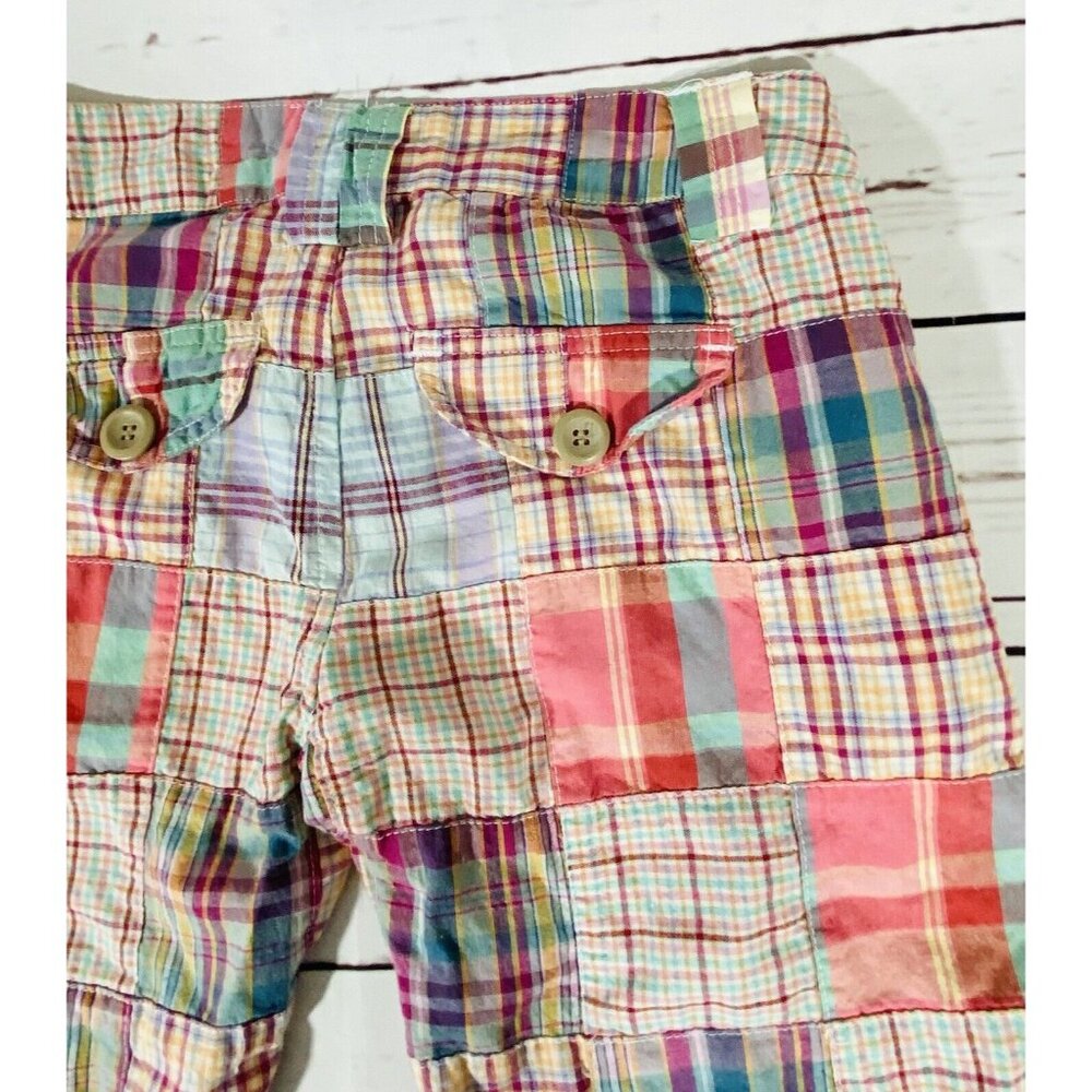 Zoo Plaid Shorts Womens Sz 0 Flat Front 11” Inseam Longer Pink Tan Rolled Cuff - Picture 6 of 10